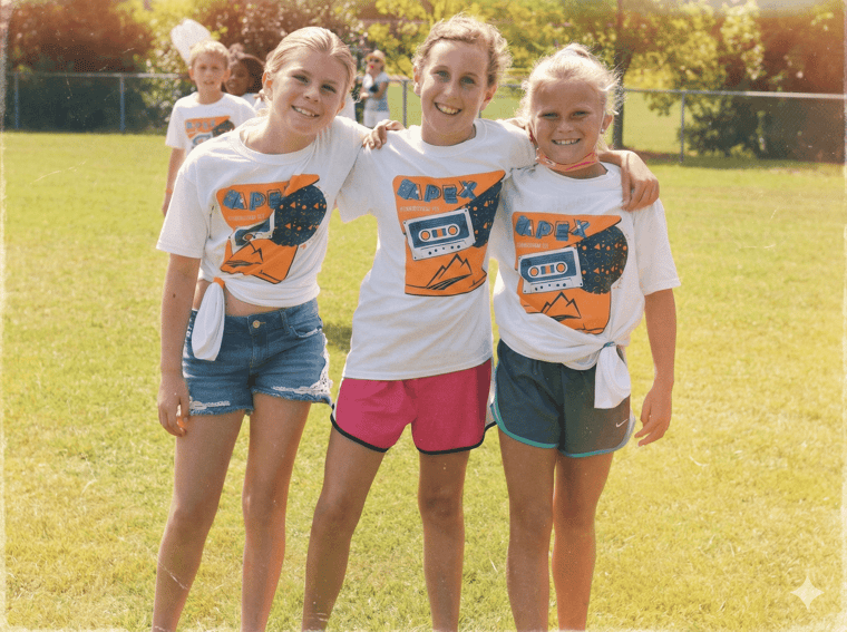 Three smiling girls in Apex shirts posing together at an outdoor school fun run