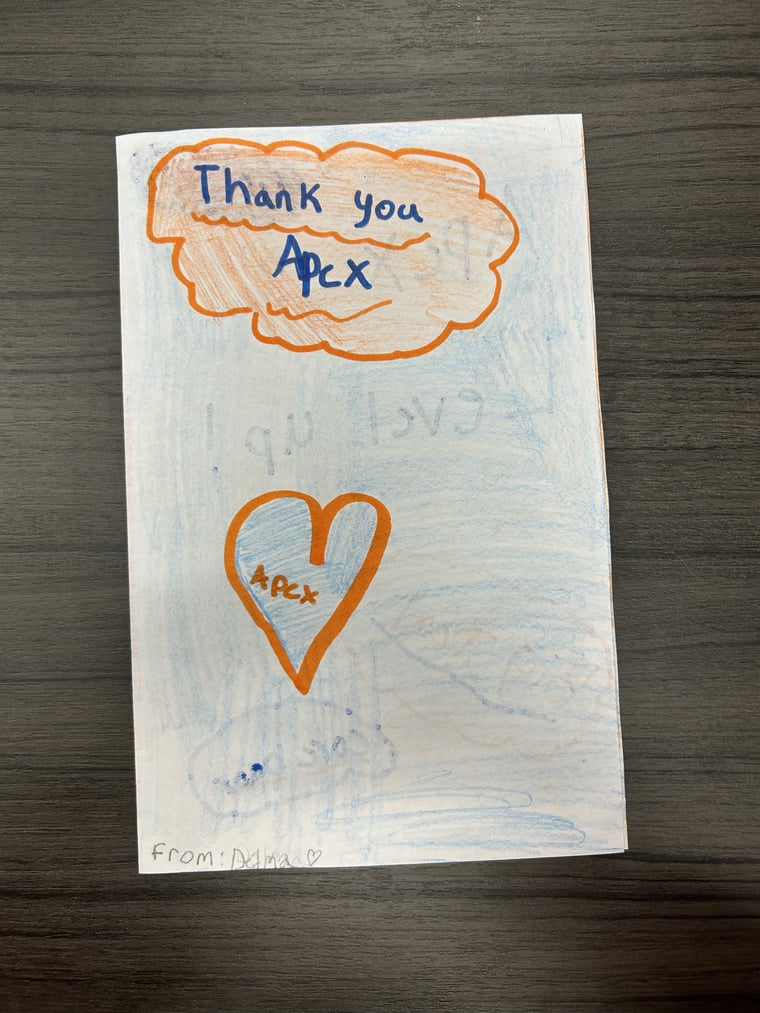 Handwritten student card that says Thank you Apex with a heart